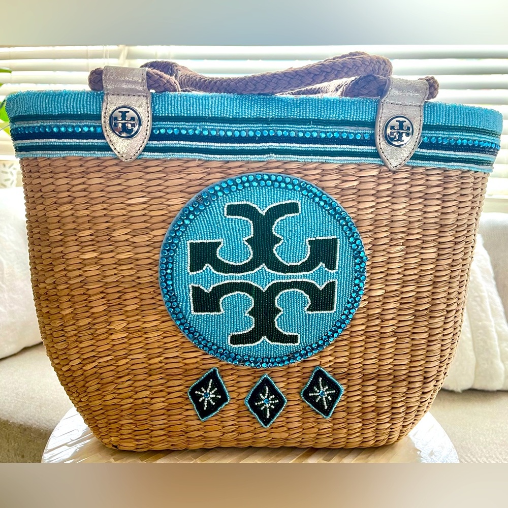 TORY BURCH STRAW ELLA TOTE BLUE LARGE BEADED SIGNATURE LOGO BAG ROPE HANDLES